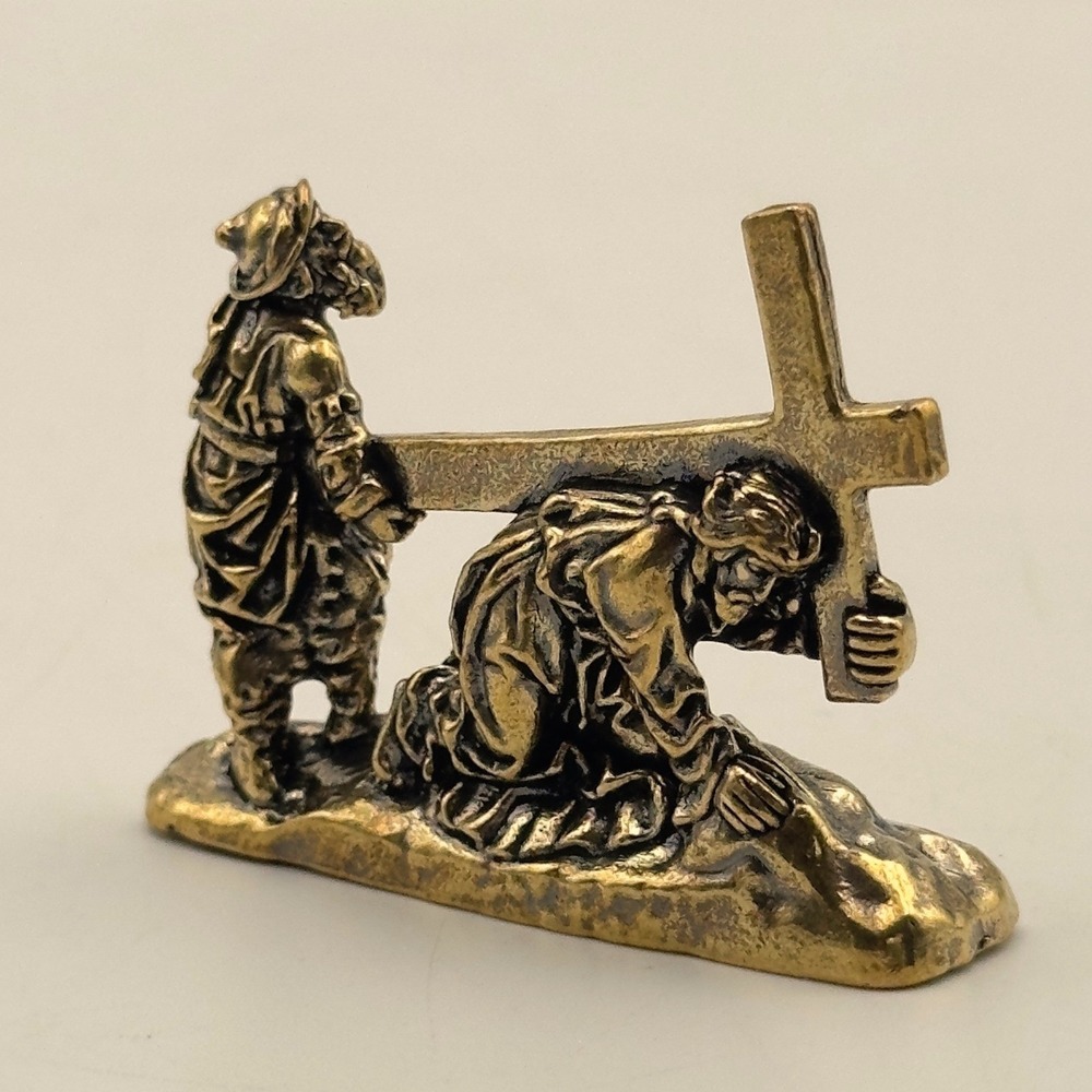 BG3 Miniature Brass Jesus Carrying Cross Gold Religious Catholic Easter Figurine